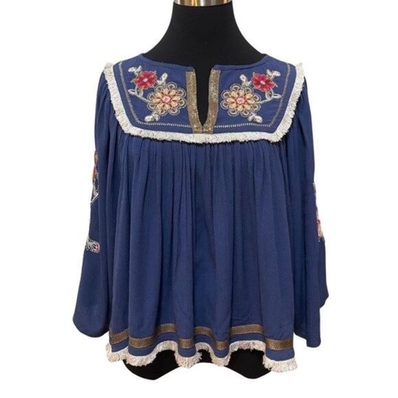 Ban Jara Tops - Women's Embroidered Blouse Blue Frayed X-Small
